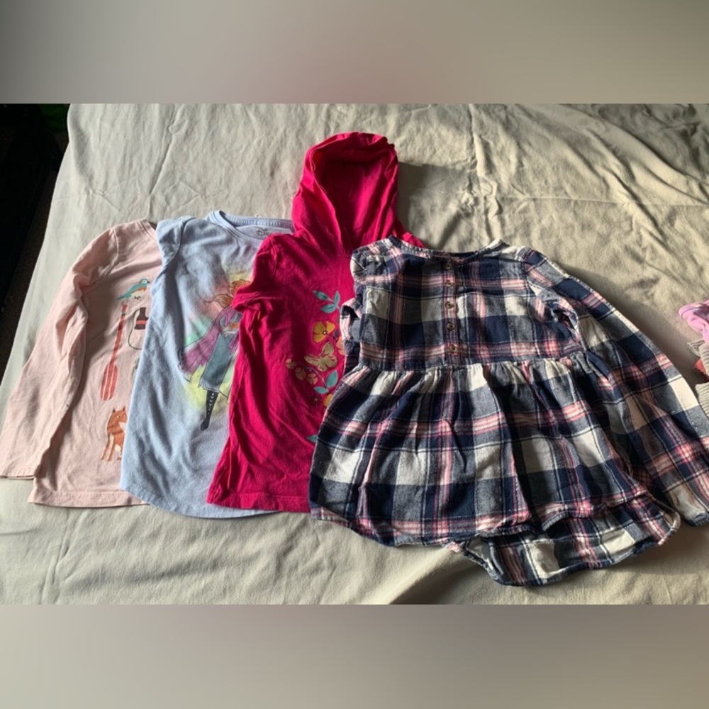 Disney Frozen Girls 4 Piece Outfit Set Dress Plaid Hooded Shirt Long Sleeve Top